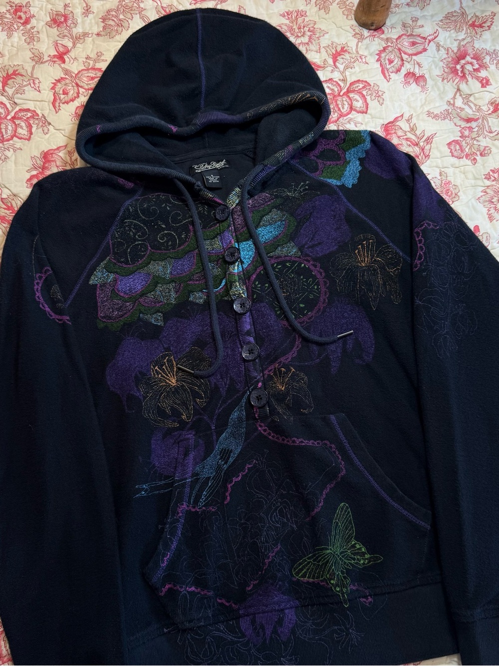 Adorable Y2K 2000s Lucky Brand Button Pullover Sweater Floral Hoodie